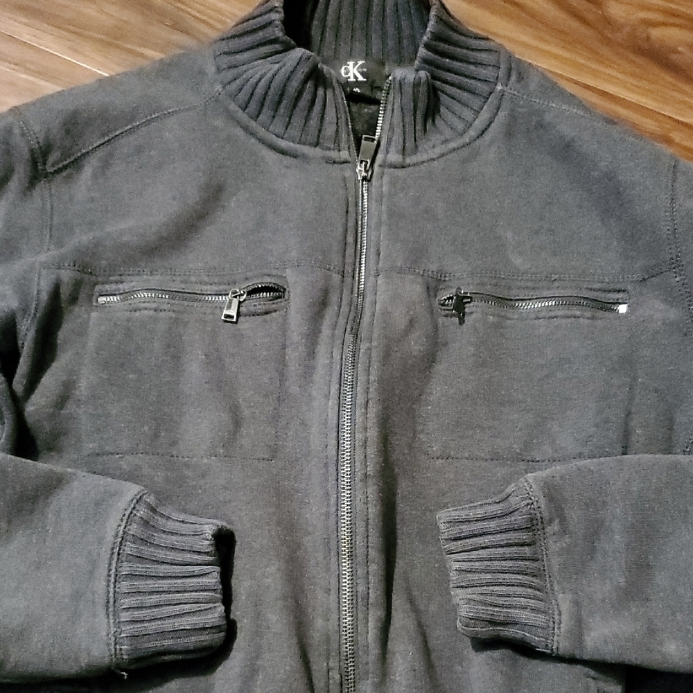 Calvin Klein Men's Charcoal Full-Zip Ribbed Collar Sweater Jacket - Picture 3 of 10